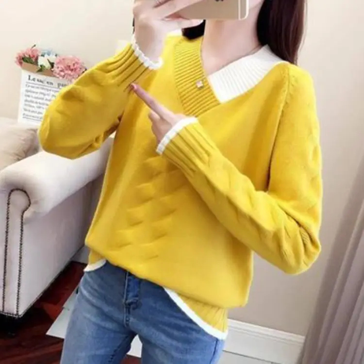 Women Yellow V-Neck Knit Sweater Long Sleeve Export Style - Image 4