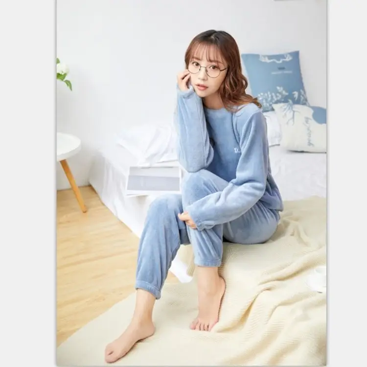 Autumn Winter Fleece Jogger Pants Set Coral Loose Pajama