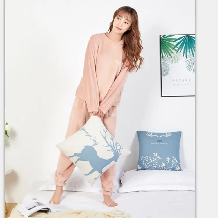 Autumn Winter Fleece Jogger Pants Set Coral Loose Pajama