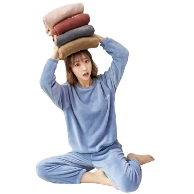 Autumn Winter Fleece Jogger Pants Set Coral Loose Pajama