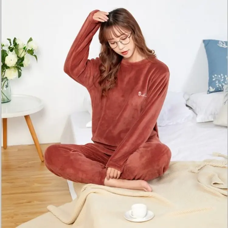 Autumn Winter Fleece Jogger Pants Set Coral Loose Pajama