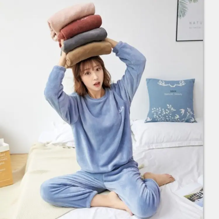Autumn Winter Fleece Jogger Pants Set Coral Loose Pajama