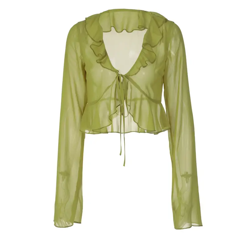 Women Ruffled Lace-Up Top Transparent Long Sleeve Summer Wear - Image 7