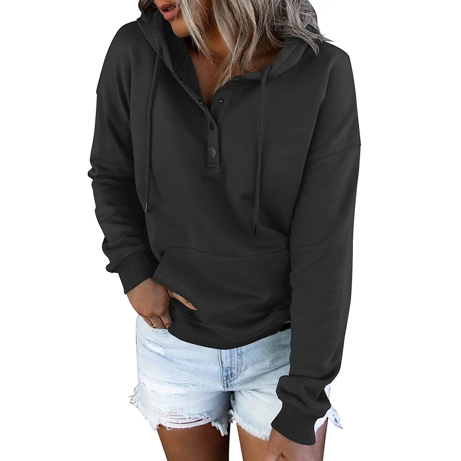Green Hooded Long Sleeve Women's Sweater with Drawstring Pocket — feature 4