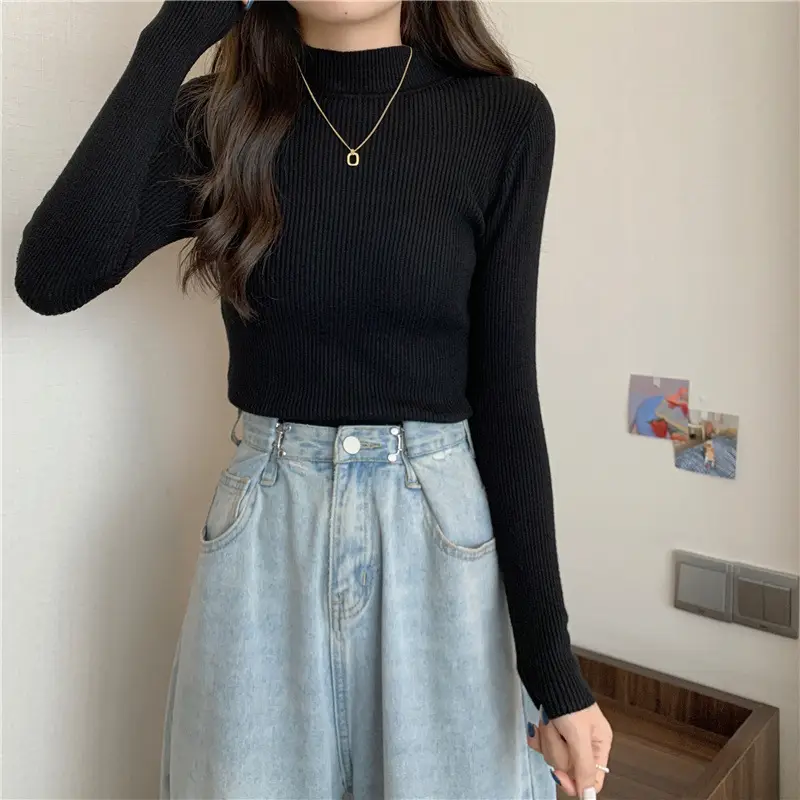 Blue Knitted Long Sleeve Top with High Waist Pants — feature 19