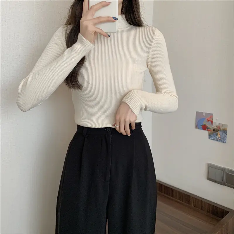 Blue Knitted Long Sleeve Top with High Waist Pants — feature 29