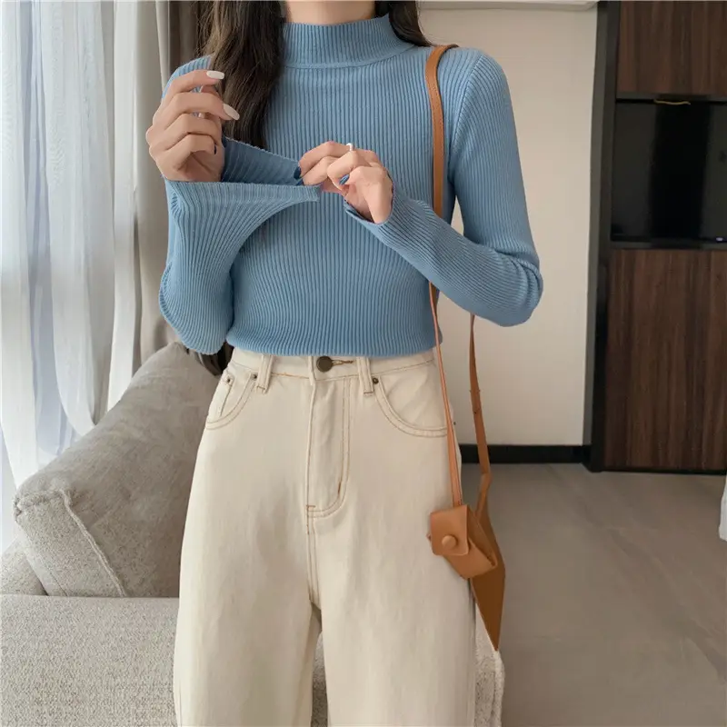 Blue Knitted Long Sleeve Top with High Waist Pants — feature 39