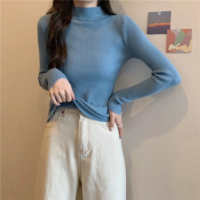 Blue Knitted Long Sleeve Top with High Waist Pants — feature 41