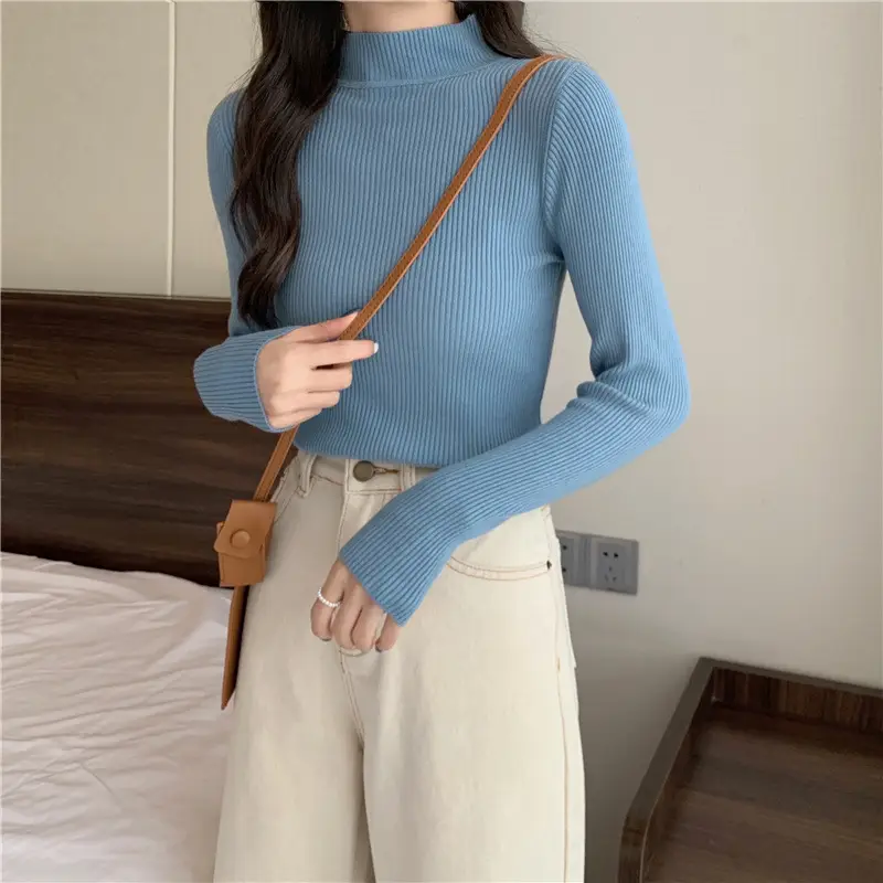 Blue Knitted Long Sleeve Top with High Waist Pants — feature 42