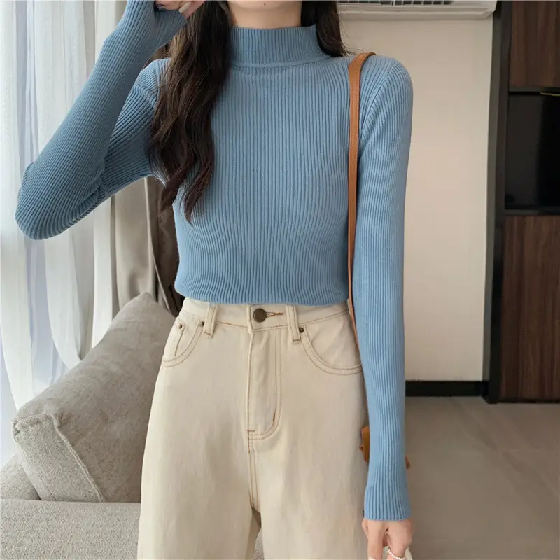 Blue Knitted Long Sleeve Top with High Waist Pants — feature 43