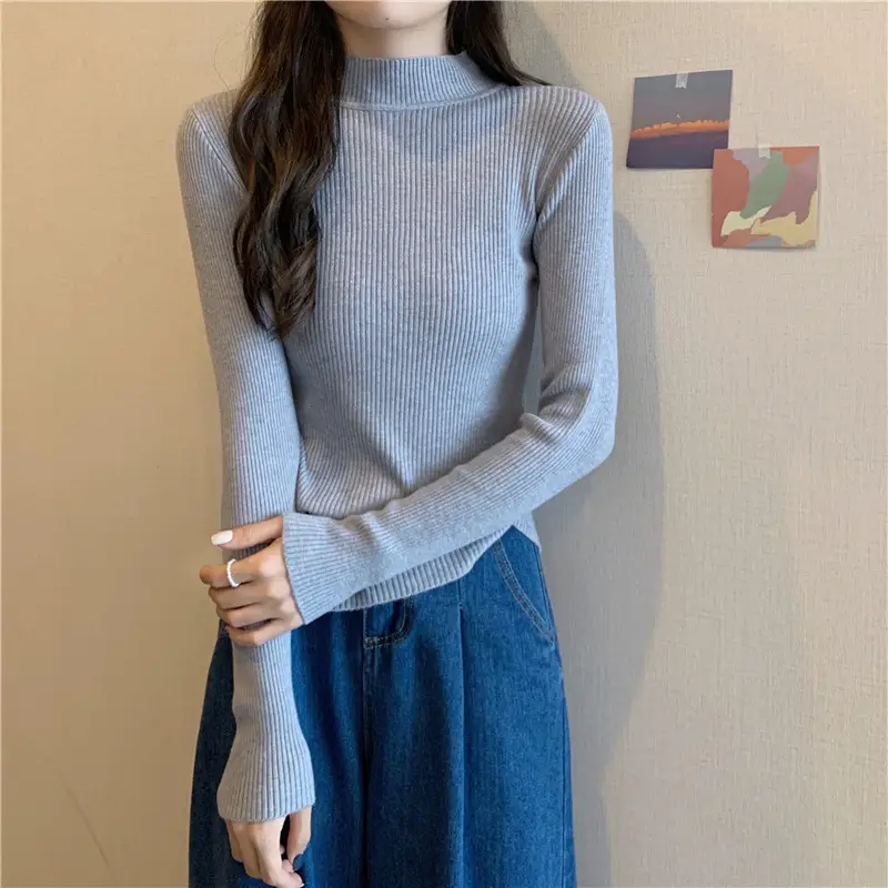 Blue Knitted Long Sleeve Top with High Waist Pants — feature 50