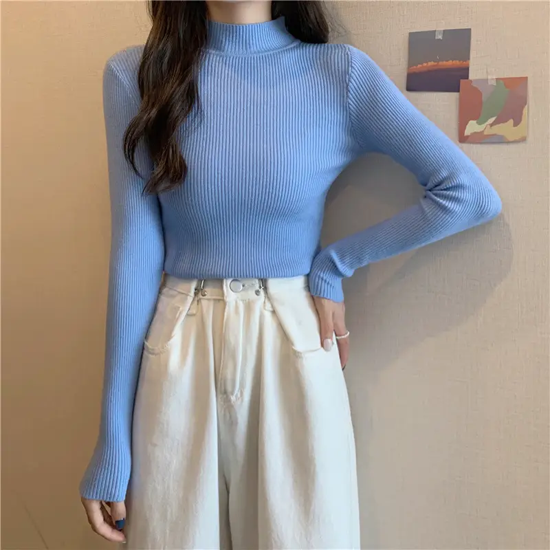 Blue Knitted Long Sleeve Top with High Waist Pants — feature 58