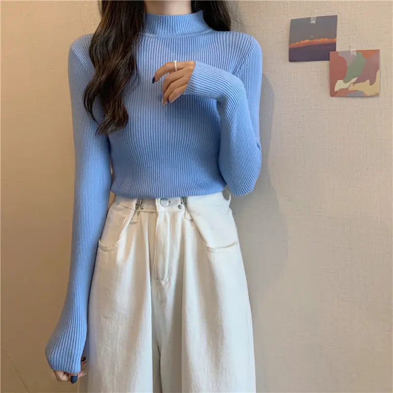 Blue Knitted Long Sleeve Top with High Waist Pants — feature 59