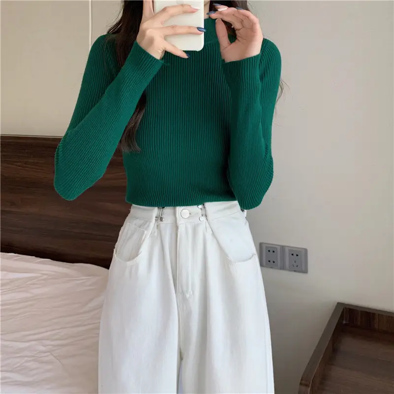 Blue Knitted Long Sleeve Top with High Waist Pants — feature 82