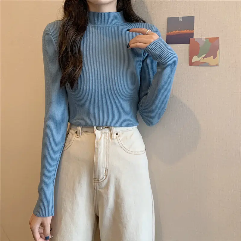 Blue Knitted Long Sleeve Top with High Waist Pants - Image 12