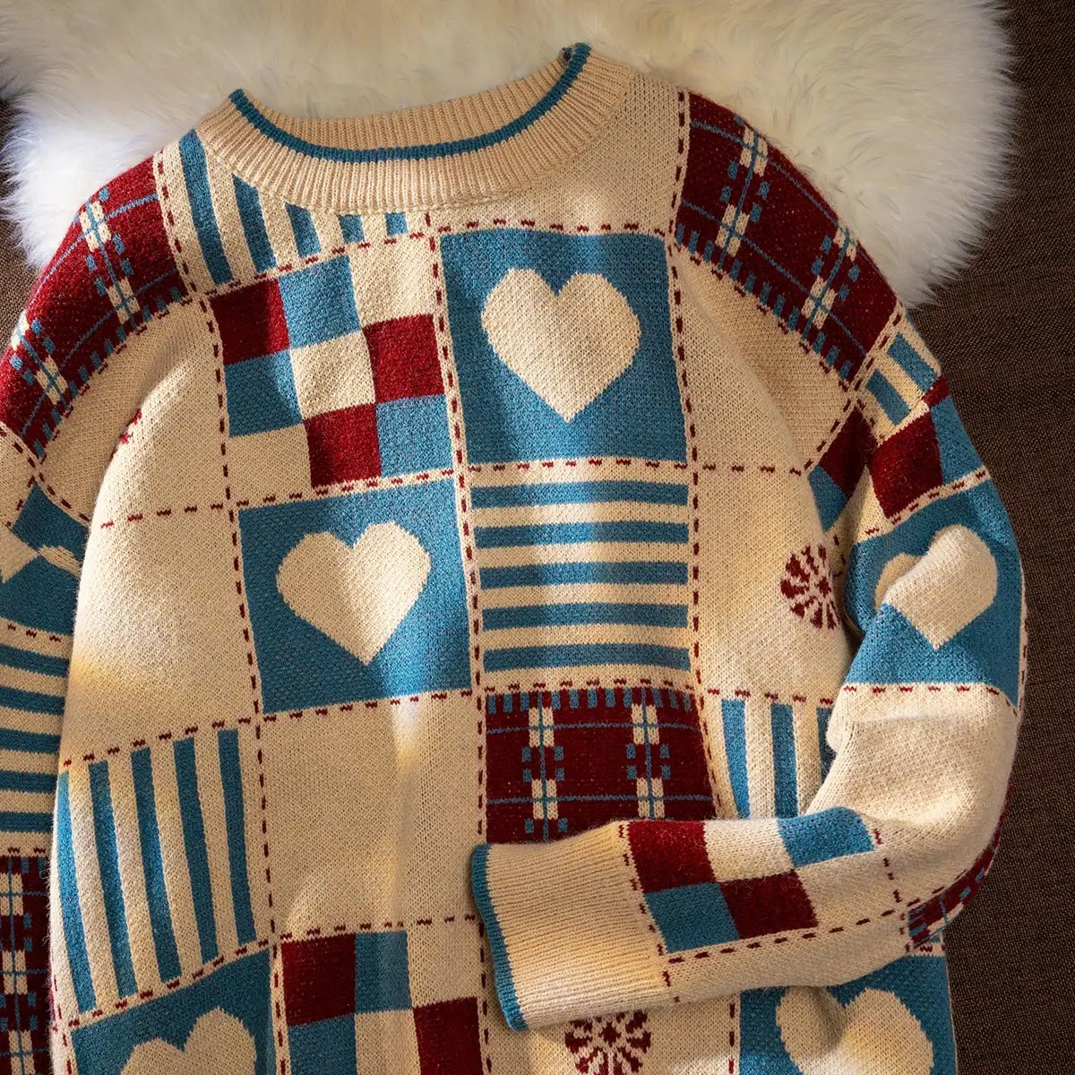 Men's 2021 Plaid Knit Sweater Beige Blue Winter Loose