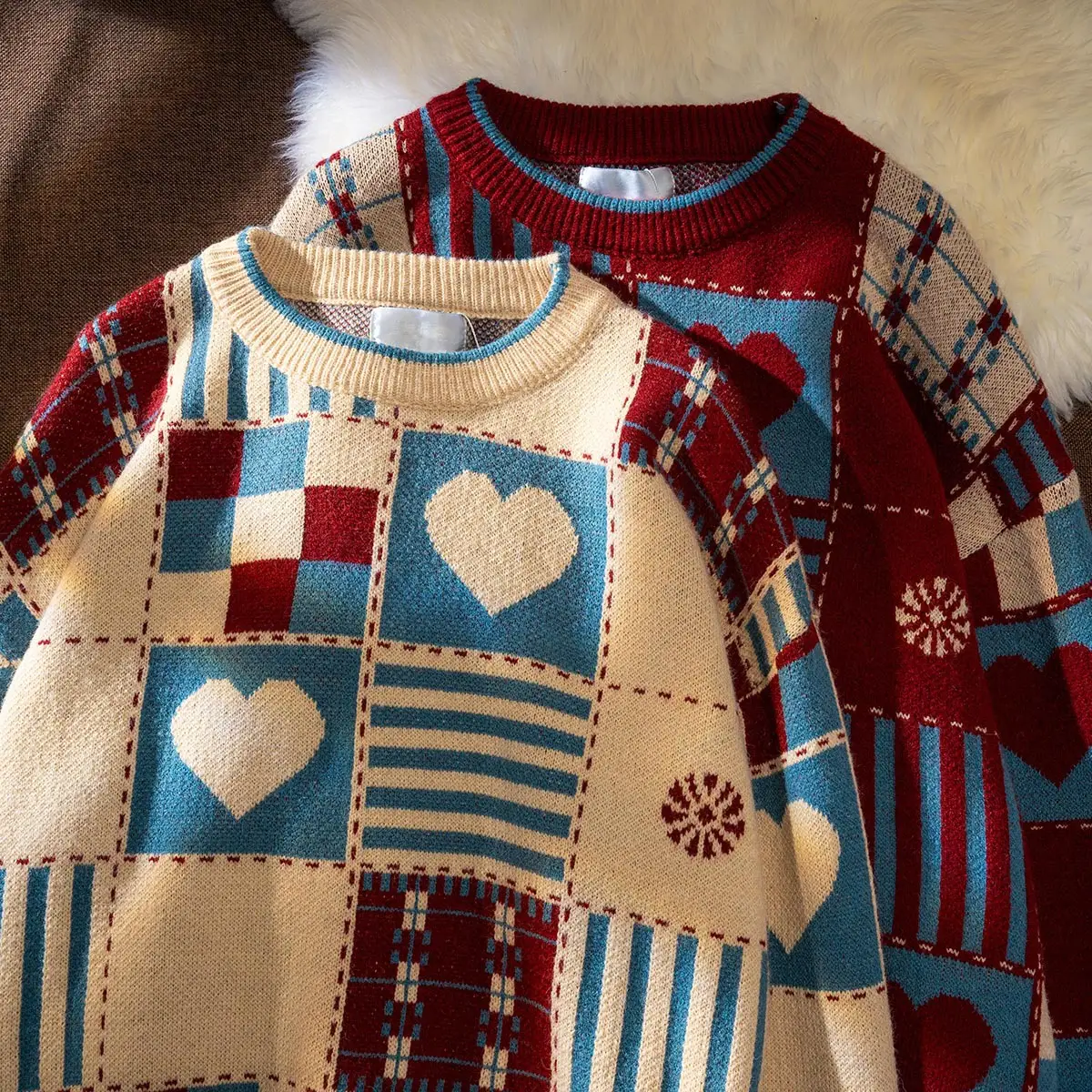 Men's 2021 Plaid Knit Sweater Beige Blue Winter Loose