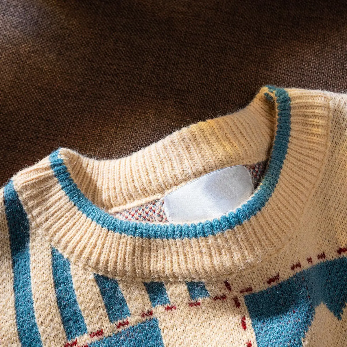 Men's 2021 Plaid Knit Sweater Beige Blue Winter Loose