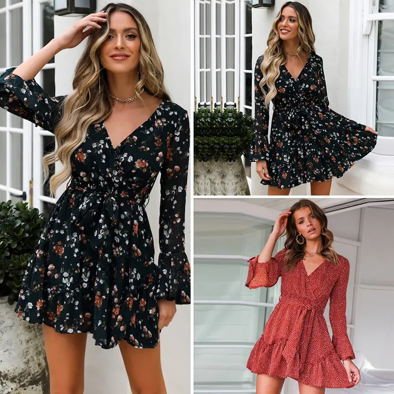 Women's Red Floral High Waist V-Neck Dress - Image 4