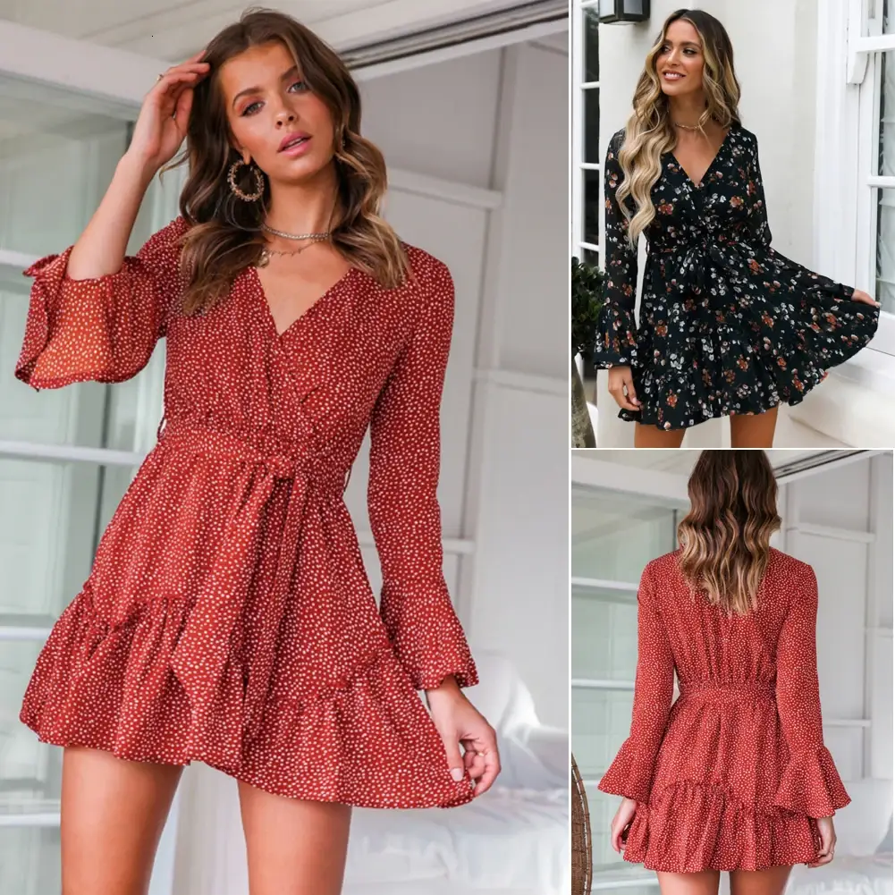 Women's Red Floral High Waist V-Neck Dress — feature 2