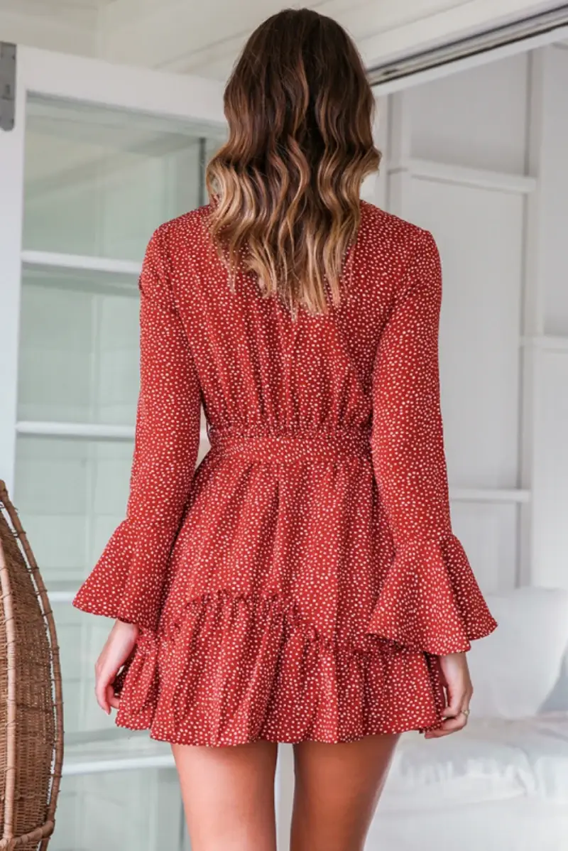 Women's Red Floral High Waist V-Neck Dress — feature 5