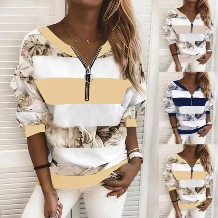 Women's 2024 Stripe Zip T-Shirt Floral Print - Image 4