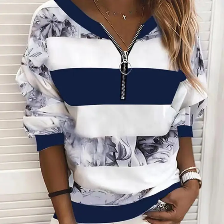 Women's 2024 Stripe Zip T-Shirt Floral Print - Image 5