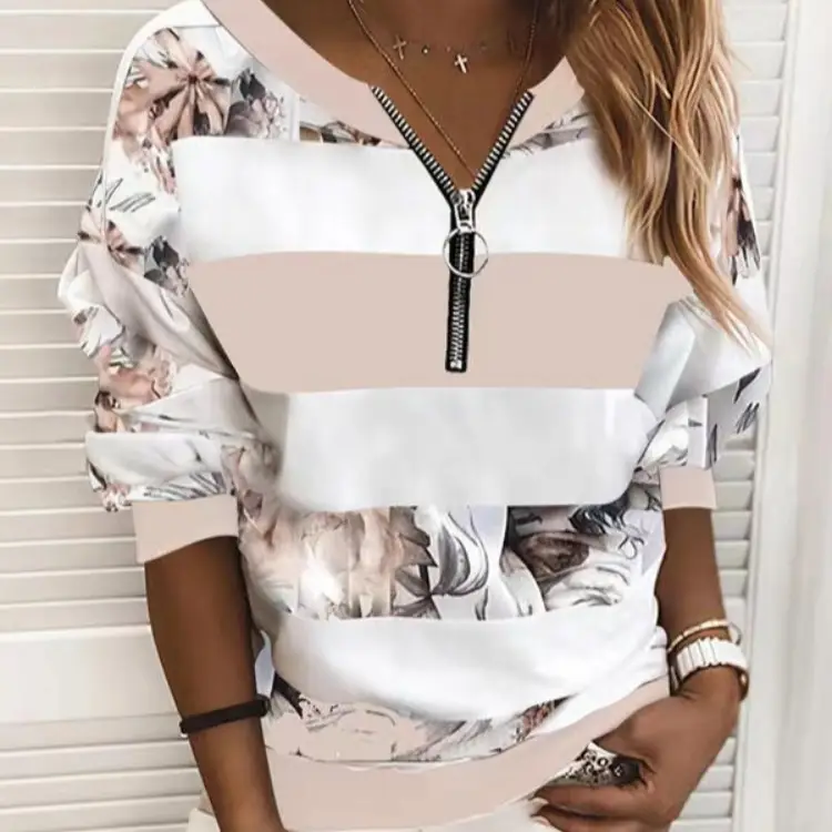 Women's 2024 Stripe Zip T-Shirt Floral Print - Image 6