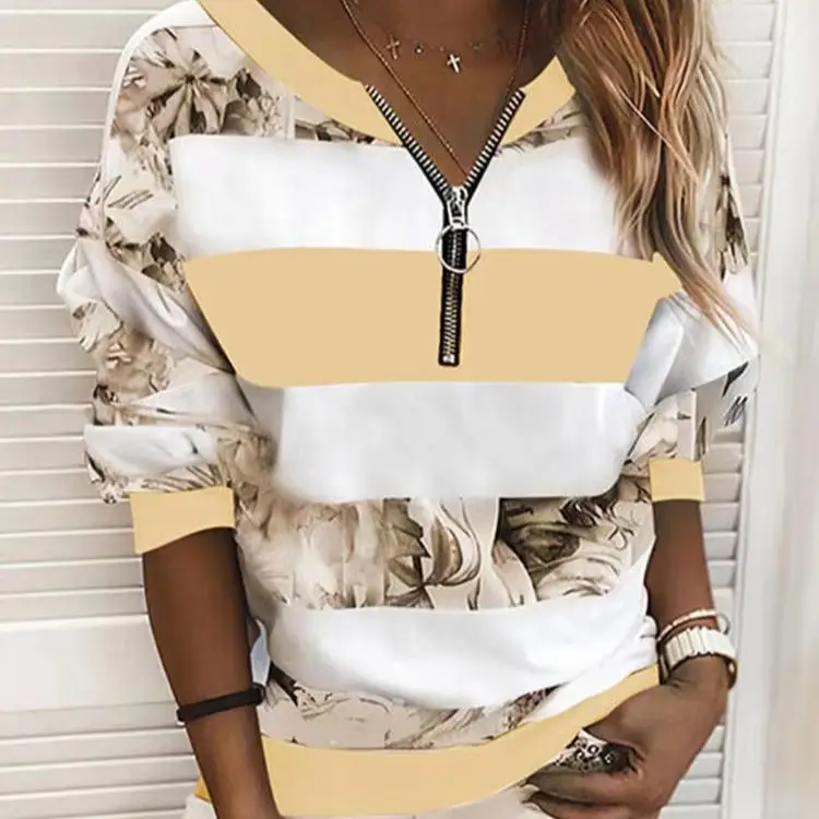 Women's 2024 Stripe Zip T-Shirt Floral Print - Image 7