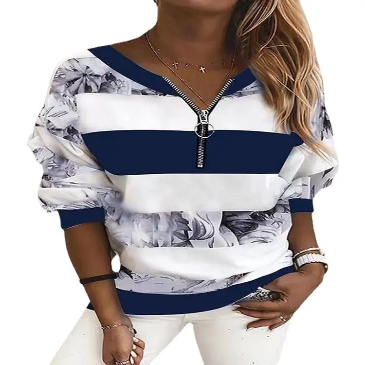 Women's 2024 Stripe Zip T-Shirt Floral Print - Image 8