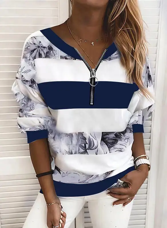 Women's 2024 Stripe Zip T-Shirt Floral Print — feature 3