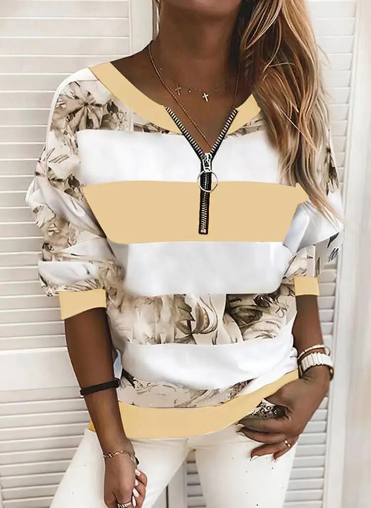 Women's 2024 Stripe Zip T-Shirt Floral Print — feature 5