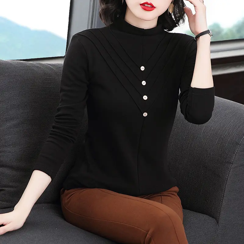 Black Half Turtleneck Velvet Shirt for Women 2021 Winter - Image 7