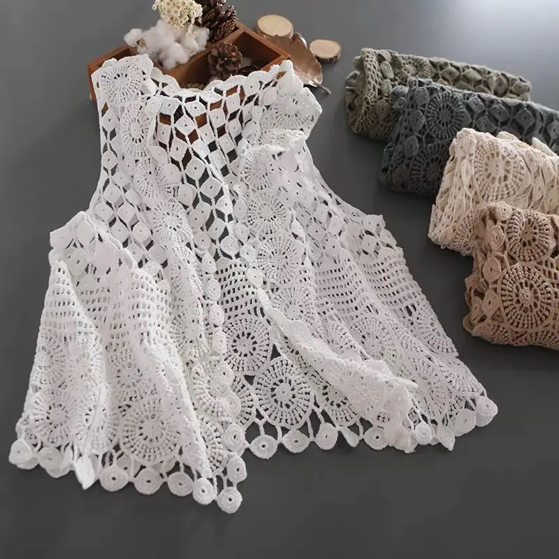 New Style Literary Cotton Cut Out Crochet Knitted Vest for Women
