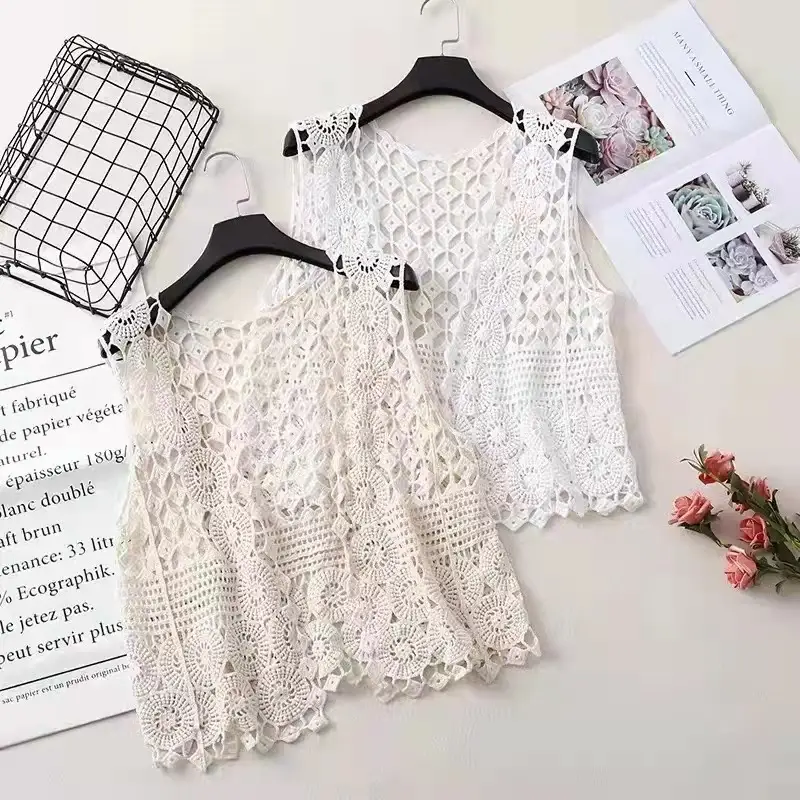 New Style Literary Cotton Cut Out Crochet Knitted Vest for Women