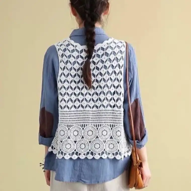 New Style Literary Cotton Cut Out Crochet Knitted Vest for Women