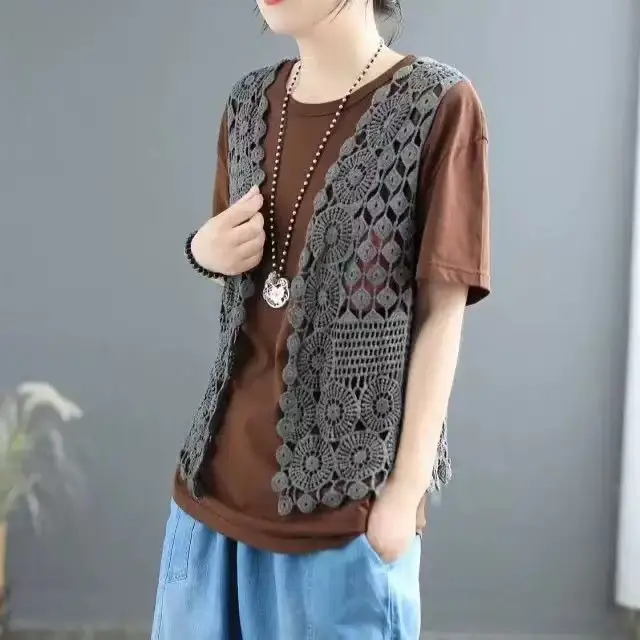New Style Literary Cotton Cut Out Crochet Knitted Vest for Women