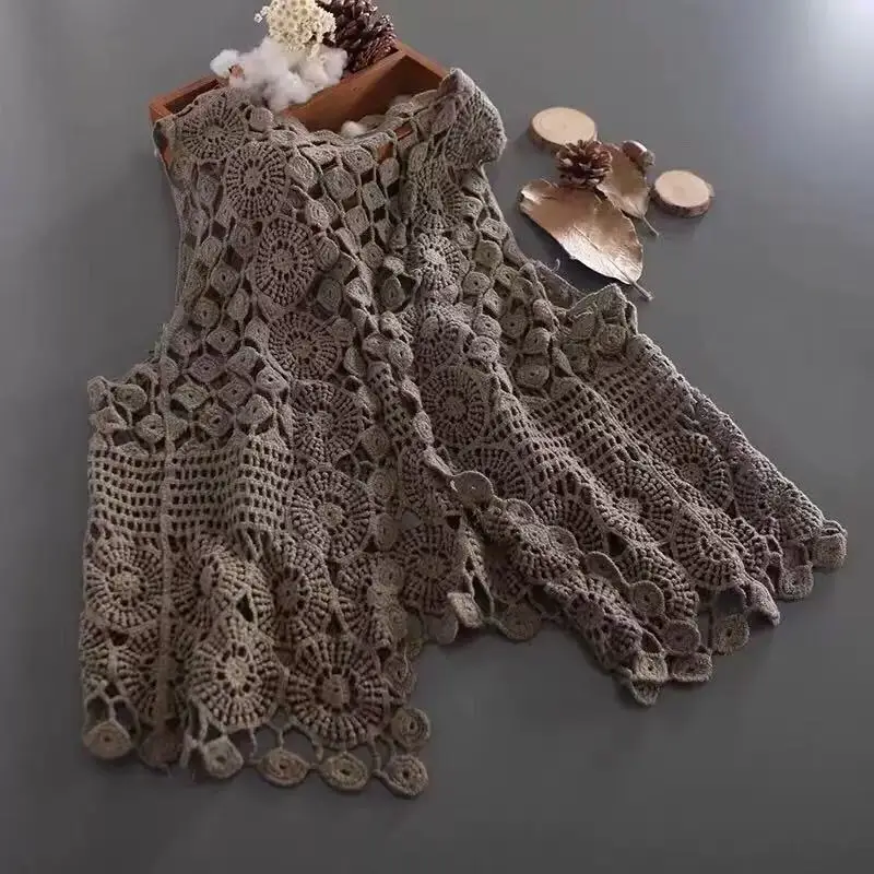 New Style Literary Cotton Cut Out Crochet Knitted Vest for Women