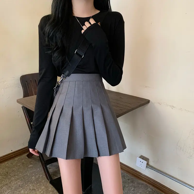 Black Pleated Skirt for Women High Waist Student Style