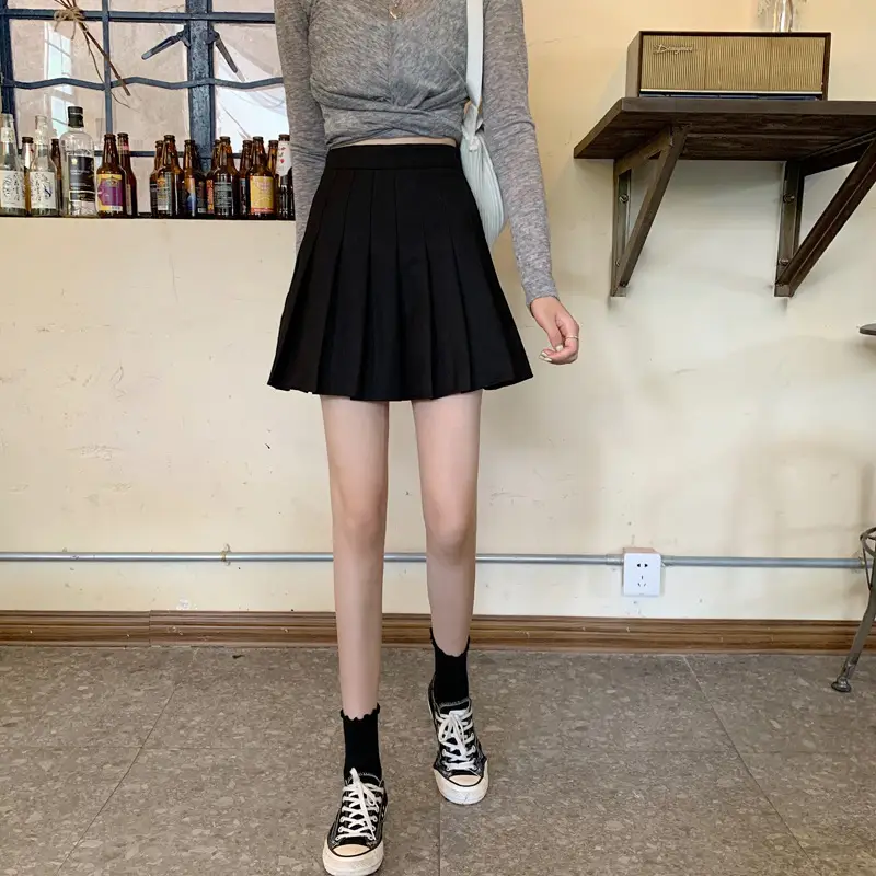 Black Pleated Skirt for Women High Waist Student Style