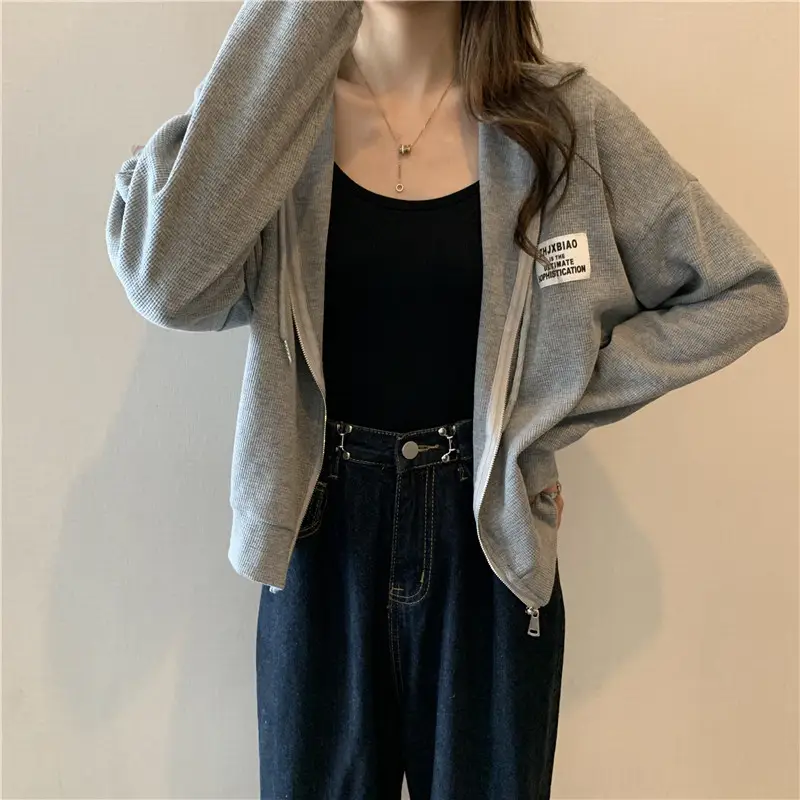 Women Grey Hooded Sweatshirt Jacket Spring Autumn Casual Wear — feature 2