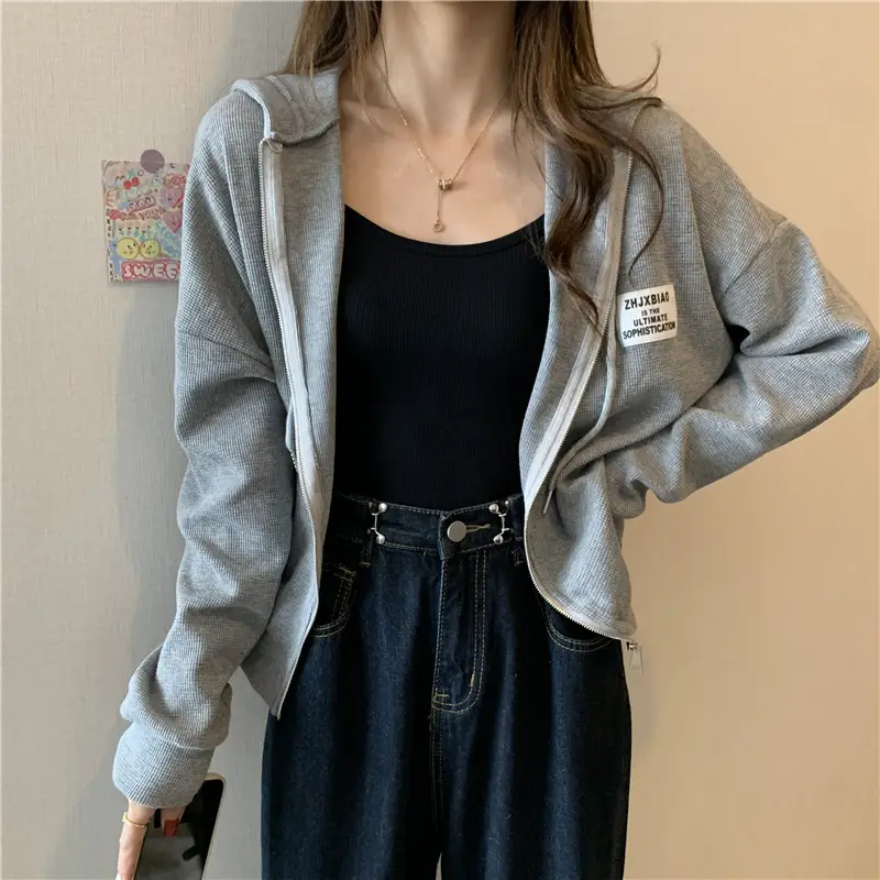 Women Grey Hooded Sweatshirt Jacket Spring Autumn Casual Wear — feature 4