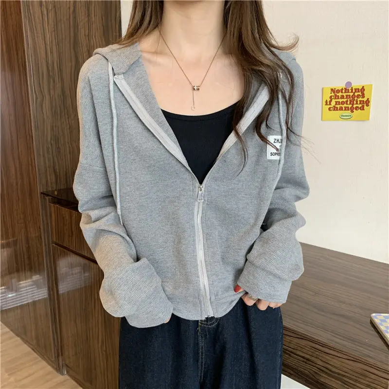 Women Grey Hooded Sweatshirt Jacket Spring Autumn Casual Wear — feature 5