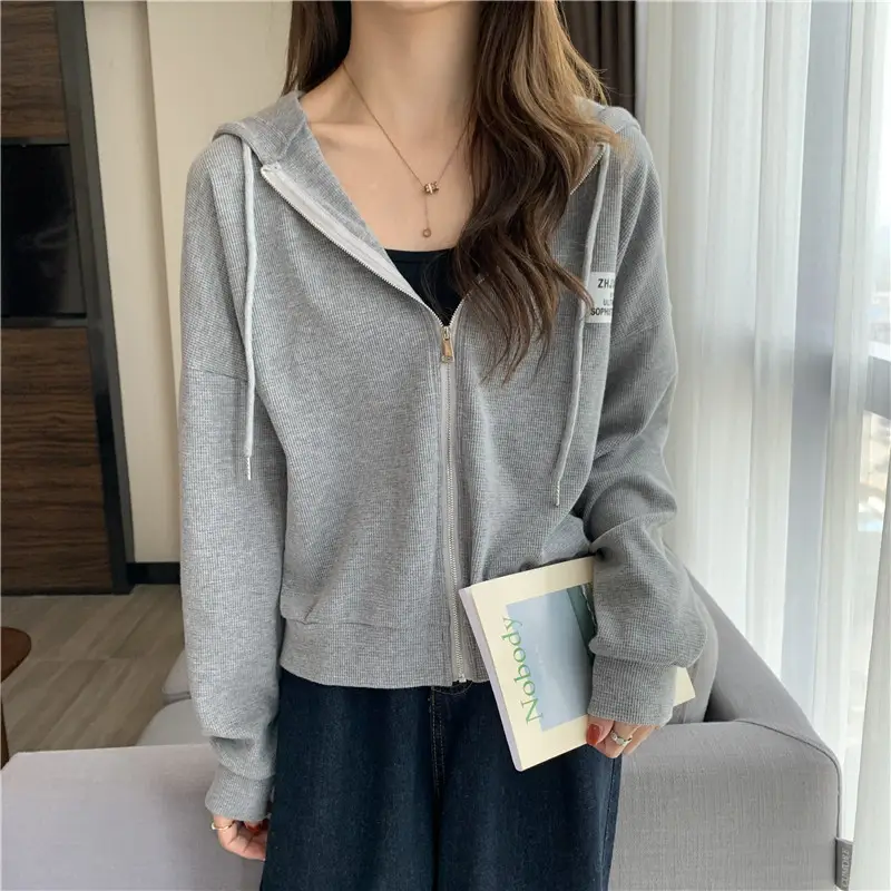 Women Grey Hooded Sweatshirt Jacket Spring Autumn Casual Wear — feature 6