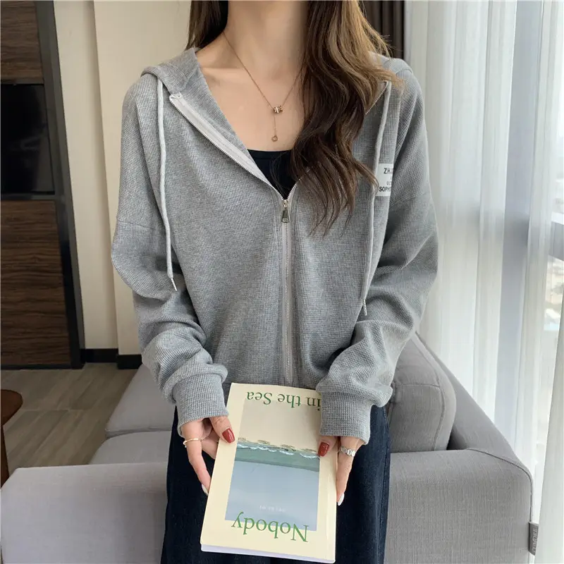 Women Grey Hooded Sweatshirt Jacket Spring Autumn Casual Wear — feature 7