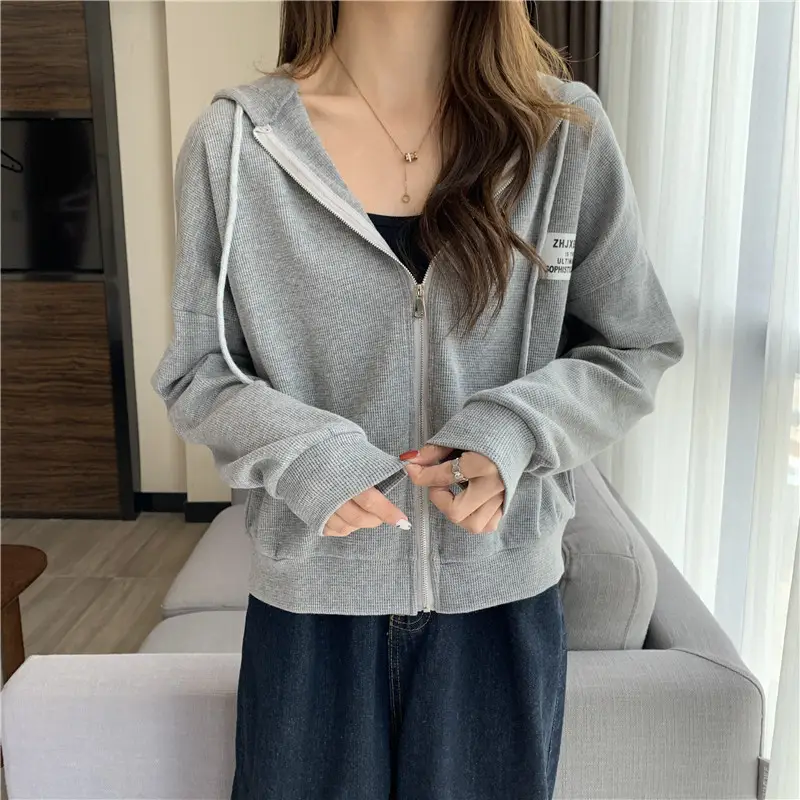 Women Grey Hooded Sweatshirt Jacket Spring Autumn Casual Wear — feature 8