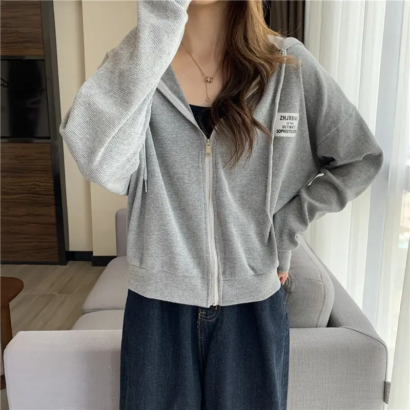 Women Grey Hooded Sweatshirt Jacket Spring Autumn Casual Wear — feature 9