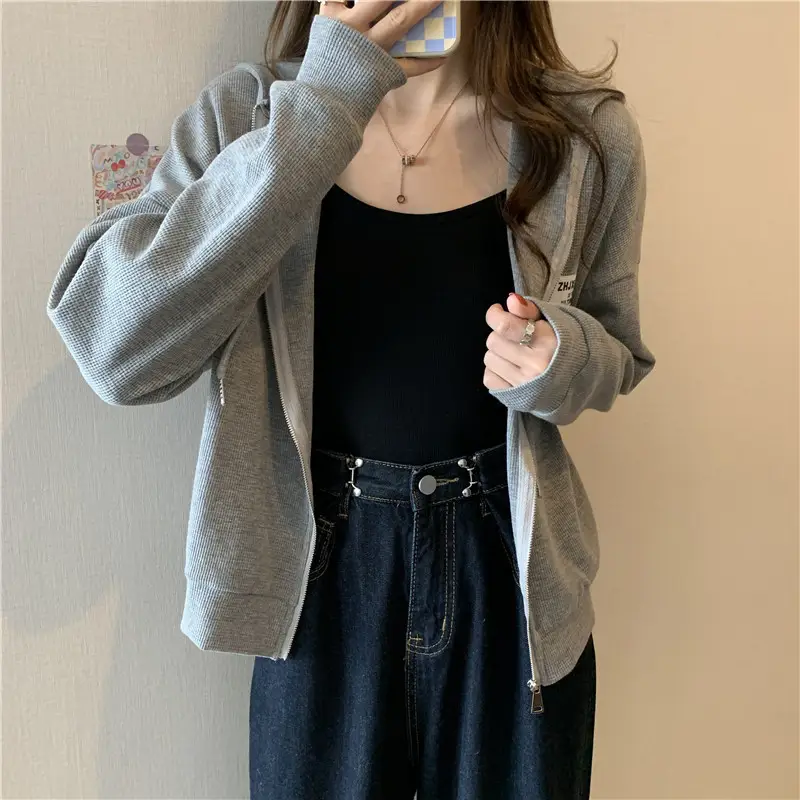 Women Grey Hooded Sweatshirt Jacket Spring Autumn Casual Wear - Image 2