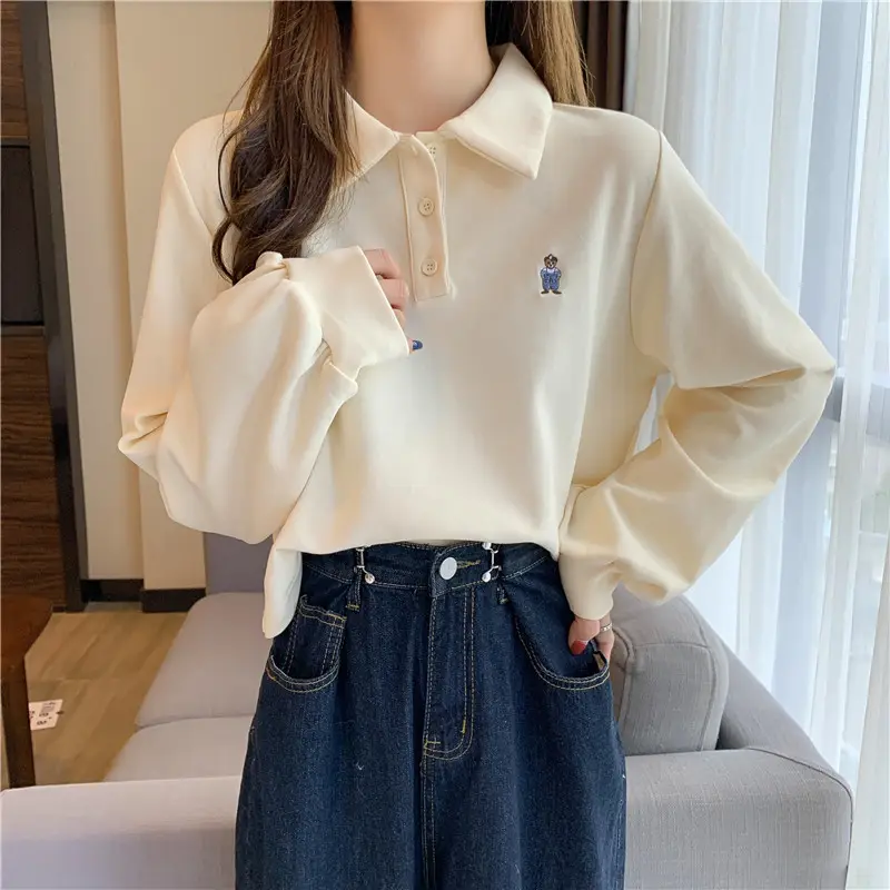 Women Grey Polo Collar Sweatshirt 2021 Spring Autumn - Image 11