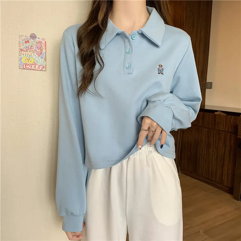 Women Grey Polo Collar Sweatshirt 2021 Spring Autumn - Image 14